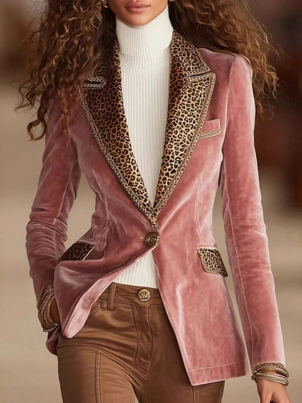 Pink Elegant Velvet Women's Blazer with Long Sleeves, Leopard Lapel - Picture 3 of 5